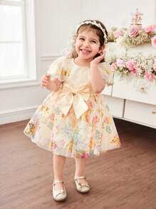 Cute Baby Girl Elegant Butterfly Pattern Organza Short Sleeve Dress, Summer