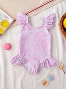 Baby Girl Butterfly Print Ruffled Cap Sleeve One-Piece Swimsuit - Pink - View 1