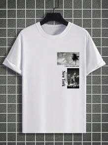 Manfinity Homme Plus Size Men's Summer Casual Coconut Tree Print Round Neck Short Sleeve T-Shirt - White - View 4