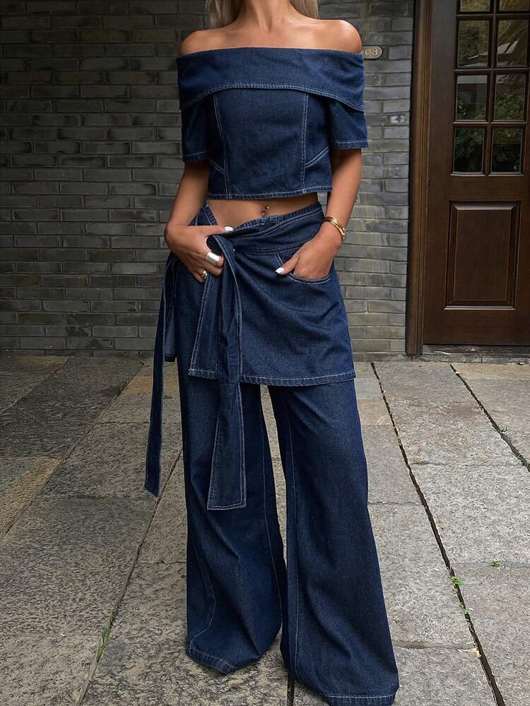Women's Washed Off-Shoulder Blouse, Loose Pants, Denim Skirt 3 Piece Outfit Set