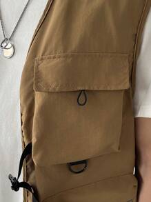 Claim Dot Men's Solid Color Multi-Pocket Casual Vest For Spring/Autumn, Zip Up Vest Jacket Summer - Khaki - View 6