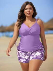 Swim Lushoire 2 件大码女式随机印花细肩带遮肚泳衣 - 紫色 - 查看 3