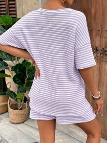 SHEIN Maternity Casual V-Neck Short Sleeve Top With Adjustable Elastic Waist Shorts Loose 2Pcs Outfit Set - Mauve Purple - View 2