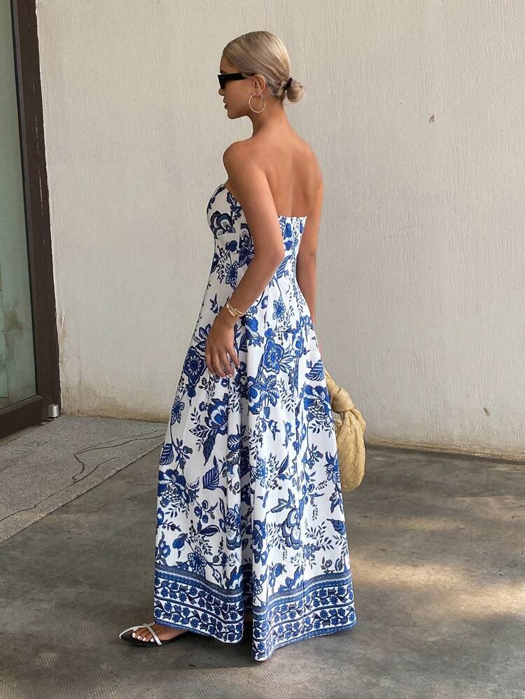 Women's Plant Printed A-Line Tiered Cami Midi Dress, Casual Holiday Sundress Vacation Boho
