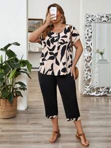 EMERY ROSE Set da 2 pezzi T-shirt a maniche corte e pantaloni capri per donne curvy, t-shirt con collo tondo e taschino, set coordinati semplici e alla moda, adatti per l'estate, vacanza, uscite, festival, Pasqua