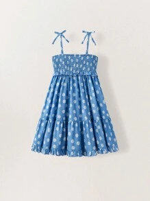 SHEIN Young Girls' Summer Daisy Print Print Ruffled Hem Bowknot Strap Dress,Versatile For Outing, Home, Holiday - Multicolor - View 7