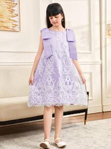 SHEIN Tween 女童宽松优雅蝴蝶结装饰 A 字形蕾丝连衣裙 - 淡紫色 - 查看 5