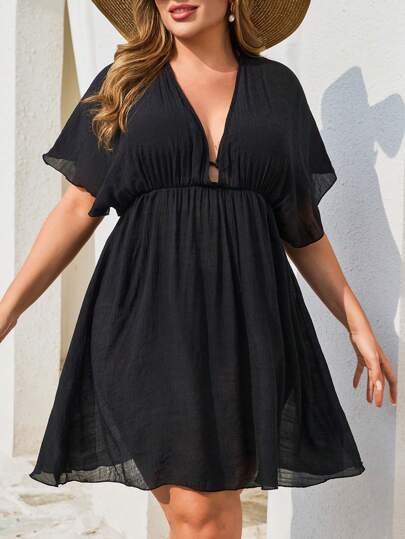 Swim Lushoire Plus Size Solid Color Beach Lightweight Cover Up, Basic Summer Casual Style