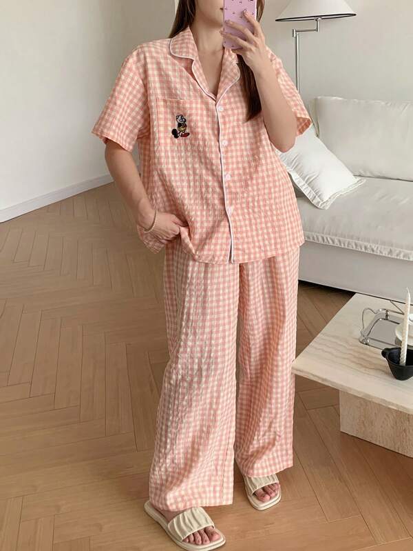 Dazy Petite Plus Cartoon Pattern Embroidered Dark Color Pajama Set, Year-Round Wear, Navy Blue