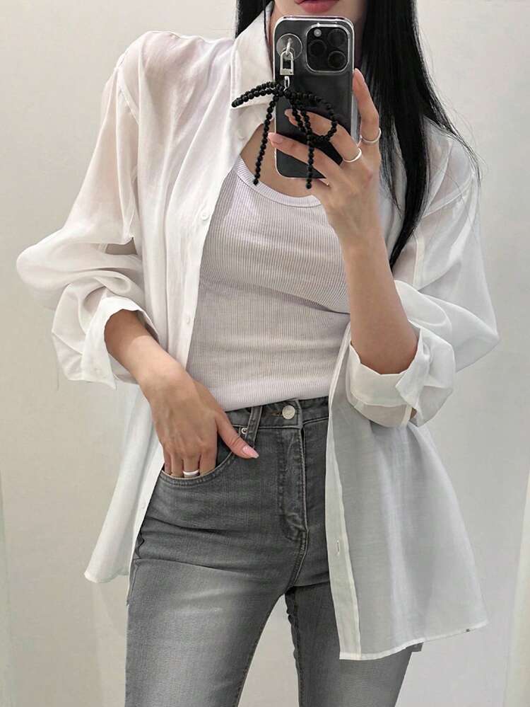 Loose Fit Turn-Down Collar Plain White Long Sleeve Shirt Business Women Attire