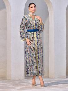 Al Najma 女士花卉印花 V 领长袖优雅阿拉伯风格连衣裙，端庄大方 - 藍色 - 查看 3