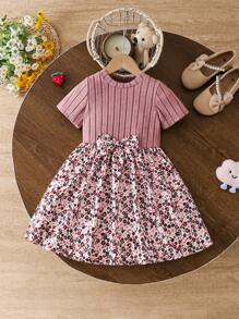 Young Girl Casual Ditsy Floral Ribbed Long Sleeve Dress - Dusty Pink - View 3