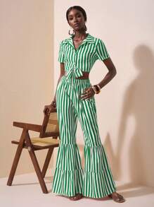 Slaydiva Spring/Summer New Music Festival, Easter, Nashville, Birthday Party, Graduation Season, Student, Daily, Casual, Vacation, Cruise Travel, Beach, Sunbathing Striped Print Top And Tie-Up & Ruched Wide Leg Pants Women Set - Green - View 7