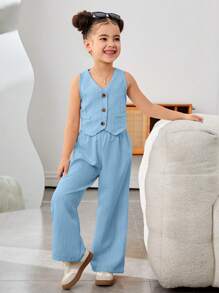 SHEIN Conjunto informal de top sin mangas y pantalones de tejido liso para niña, para primavera/verano - Azul - Ver 1