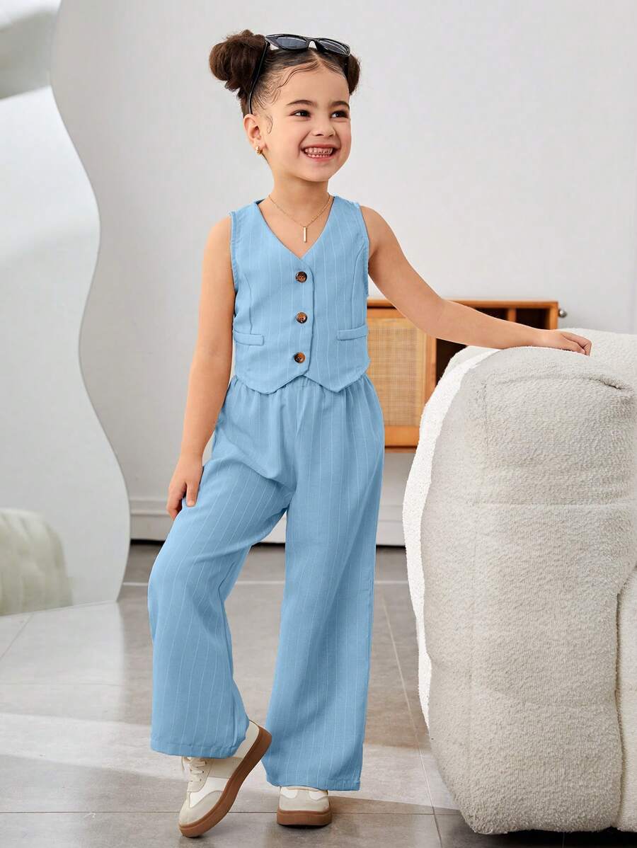 SHEIN Conjunto informal de top sin mangas y pantalones de tejido liso para niña, para primavera/verano - Azul - Ver 1