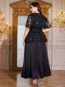 Modelyn Plus Size 2 Pieces Set With Elegant 3D Flower Decor In Special Fabric - Black - View 2