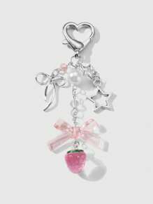 ROMWE Kawaii 1 件时尚精致简约空心星形蝴蝶结仿珍珠草莓树脂吊坠钥匙扣，适合女孩女士日常佩戴，理想礼物