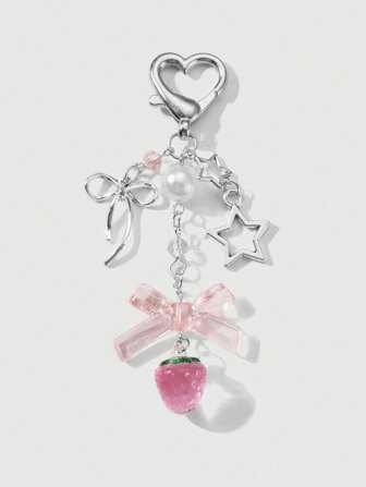 Kawaii 1 pieza Estilo Ins Colgante de llave minimalista y delicado con estrella hueca, moño y fresa de resina con perla falsa, versátil para uso diario de niñas y mujeres, regalo ideal