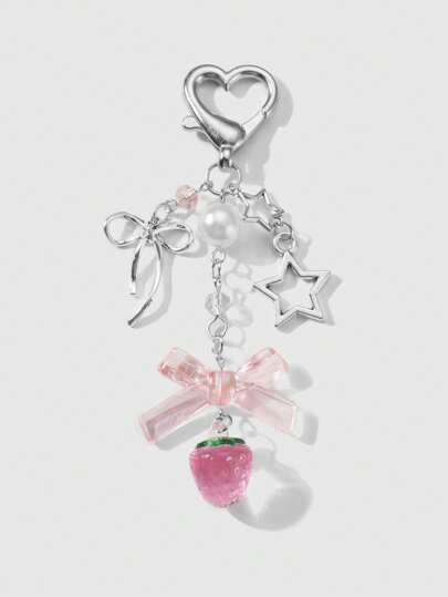 Kawaii 1pc Ins Style Delicate Minimalist Hollow Star Bow Faux Pearl Strawberry Resin Pendant Keychain, Versatile For Girls Ladies Everyday Wear, Ideal Gift