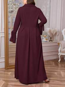 SHEIN Privé 大码女式春秋优雅 V 领荷叶边袖系带腰宽松连衣裙，红色奢华风格，女士正式连衣裙 - 中紫紅色 - 查看 2