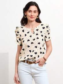 Miaspire Polka Dot & Heart Print Puff Sleeve Keyhole Neck Blouse - Black and White - View 5