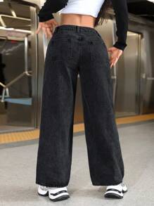 SHEIN PETITE Jeans anchos y holgados versátiles y casuales para mujer con bolsillos - Gris - Ver 2