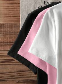 SHEIN EZwear Set de 3 camisetas cortas de mujer de manga corta, cuello redondo, de ajuste ceñido con gráficos de texto en inglés en estilo minimalista y casual para el verano - Multicolor - Ver 3
