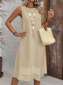 EMERY ROSE 夏季休闲纯棉无袖圆领 A 字裙白色连衣裙 - 卡其色 - 查看 6