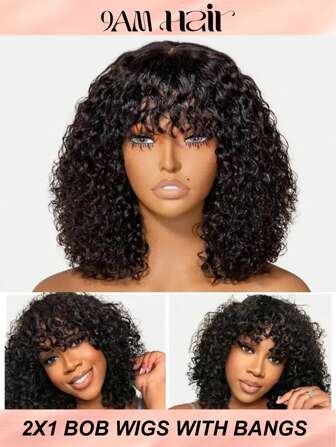 Short Curly Bob Wig Human Hair With Bangs 2x1 Transparent Lace Houston Classic Looks Glueless Wigs For Women Curly Bob Human Hair Wear And Go Brazilian Deep Curly Wigs With Bangs Natural Color