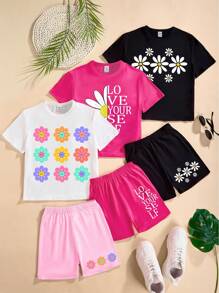 Young Girl Creative Floral & Slogan Letter Print Casual Short Sleeve T-Shirt With Shorts Set, Fashion Sibling/Matching Outfits (2 Pieces Sold Separately) - Multicolor - View 1