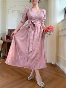 DAZY 1pc Women's Solid Color V-Neck Tie Strap Asymmetric Hem Mid-Length Dress - Pink - View 8