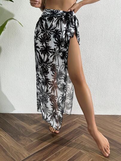 Swim Vcay 1 件女式长袖雪纺印花沙滩罩衫，黑白棕榈树图案，夏季