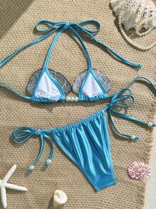 Swim Vcay Bộ đồ bơi 2 mảnh gợi cảm cho nữ, trang trí cúp ngực và vỏ sò, vải bóng, bộ bikini tam giác buộc dây màu trơn - Màu xanh lam - Xem 2