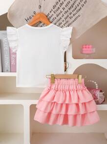 Conjunto rosa para niñas, camiseta blanca con lazo de strass desmontable, de moda y lindo, de tejido de punto, suave y cómodo, combinado con falda de pastel con volantes, cómodo y elegante, esencial para salidas de primavera/verano