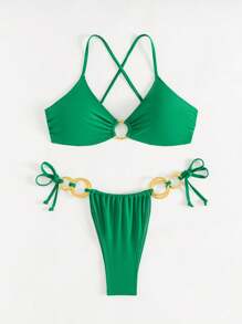 SHEIN Swim 2PCS Women's Sexy Criss-Cross Strap Gold Ring Green Bikini Swimsuits, For Beach, Pool Party, Summer - Green - View 3
