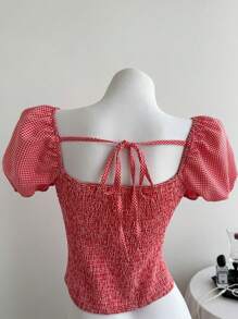 Elamini French Style Square Neck Waist Drawstring Plaid Casual Vacation Blouse Shirt Top For Women - Red and White - View 2