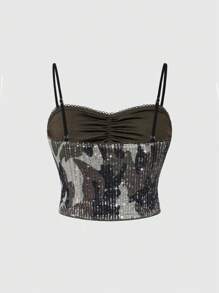 ROMWE Grunge Punk Y2K Baddie 夏季女式迷彩亮片蕾丝拼接吊带背心，百搭 - 彩色 - 查看 3