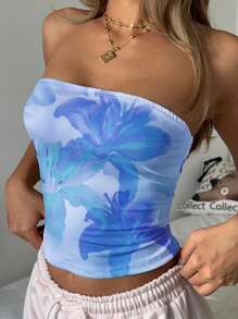 SHEIN EZwear 女士休闲露肩百合花卉印花紧身短款上衣，适合夏季和度假 - 白色 - 查看 4