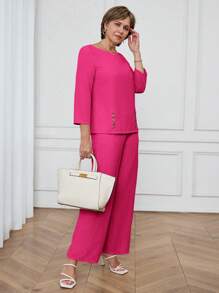 Miaspire 2pcs Women Casual Commute Solid Color Shirt And Pants Set,Summer Sets