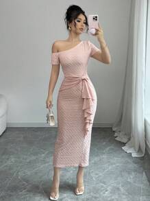 Elenzga 纹理露肩紧身鸡尾酒会礼服，后开衩，荷叶边下摆，复古风格，女士长款礼服 - 粉色 - 查看 4