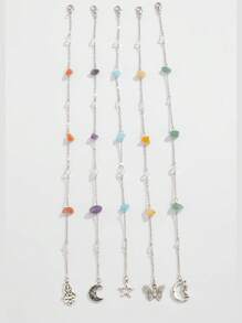 ROMWE Fairycore Set de 5 piezas de accesorios para el cabello con cadena de con cuentas con formas de estrella, luna y mariposa, joyería minimalista de moda para la cabeza