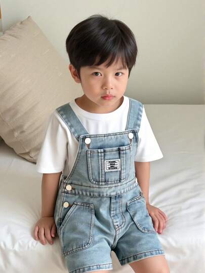 年轻男孩时尚浅色水洗宽松休闲牛仔背带裤和工装裤，带有多个口袋和英文标志，百搭设计，适合日常穿着