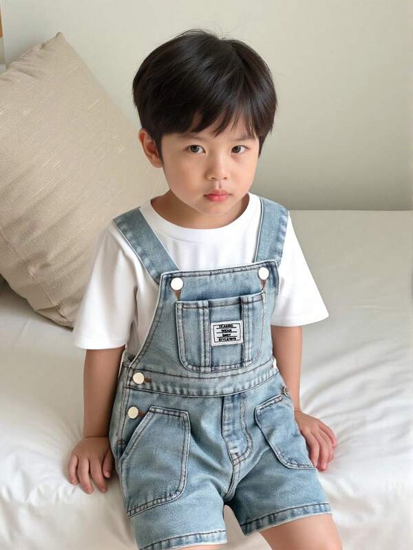 Young Boy Fashionable Light-Wash Loose Fit Casual Denim Bib Pants And Overall With Multiple Pockets And English Logo, Versatile Design For Everyday Wear, School, Campus, College