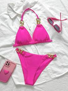 SHEIN Teen Girl Fuchsia Metallic Decor Fashion Tankini Swimwear Set For Summer Vacation - Hot Pink - View 1