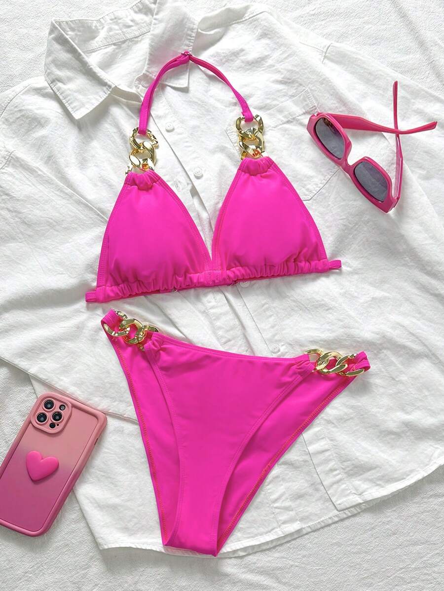 SHEIN Teen Girl Fuchsia Metallic Decor Fashion Tankini Swimwear Set For Summer Vacation - Hot Pink - View 1