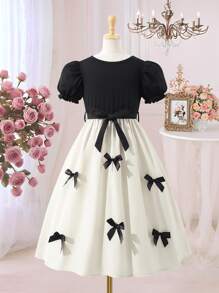 SHEIN Tween Girls' Bow Decor Round Neck Short Puff Sleeve Cute Dress, Filipiniana Terno - Multicolor - View 9