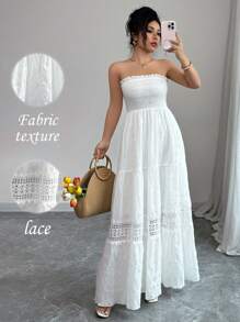 Elenzga 女士无袖荷叶边腰部镂空蕾丝拼接A字连衣裙，春夏款 - 白色 - 查看 1