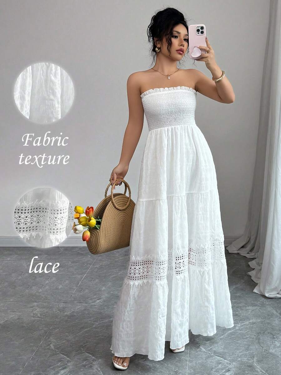 Elenzga 女士无袖荷叶边腰部镂空蕾丝拼接A字连衣裙，春夏款 - 白色 - 查看 1