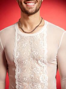 FeverCity Camiseta transparente con aplicaciones de encaje y corte sexy para hombres - Blanco - Ver 5