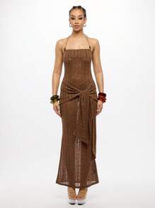 SUMWON WOMEN Đầm maxi ôm sát dệt kim kiểu thang, cổ yếm, thắt dây bên hông, hoàn hảo cho các sự kiện và tiệc tối, thiết kế họa tiết gân. - màu nâu - Xem 1